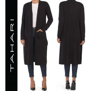 Tahari Black Duster Cardigan Open‎ Front Long Sleeve Pockets - L